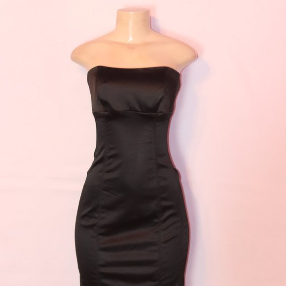 bebe BRAND MADE IN THE USA STRETCH SATIN STRAPLESS BLACK BODYCON DRESS LARGE - Picture 3 of 4